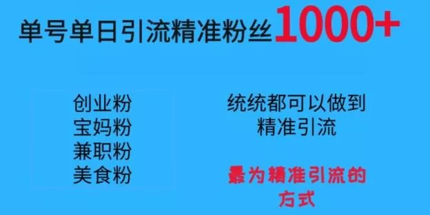 单号单日引流精准粉丝1000+，最为精准引流的方式创业-网创-互联网创业-福缘论坛-冒泡网赚-中赚网-短视频等网络赚钱课程-免费分享网络创业项目-聚合知识付费VIP创业课程网创项目孵化中心